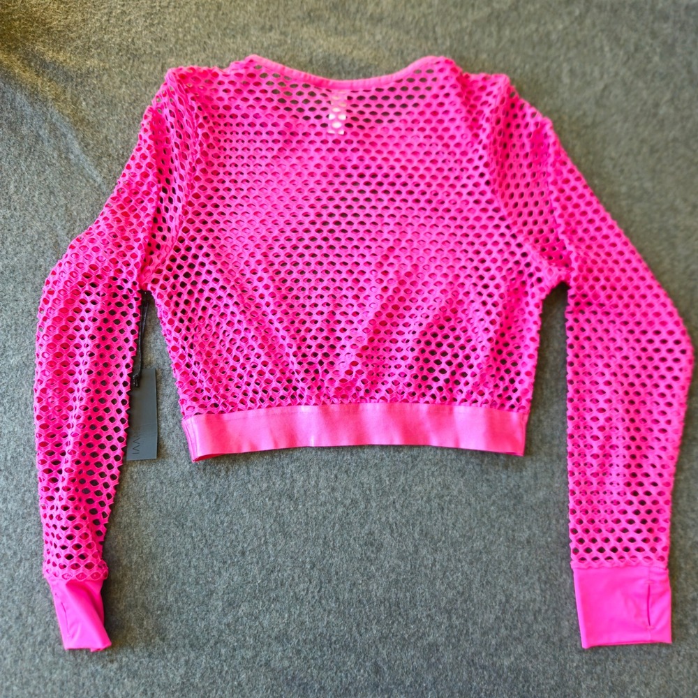 Savvi Hot Pink Fishnet Mesh Crop Top Long Sleeve Neon XL NWT - Picture 2 of 8